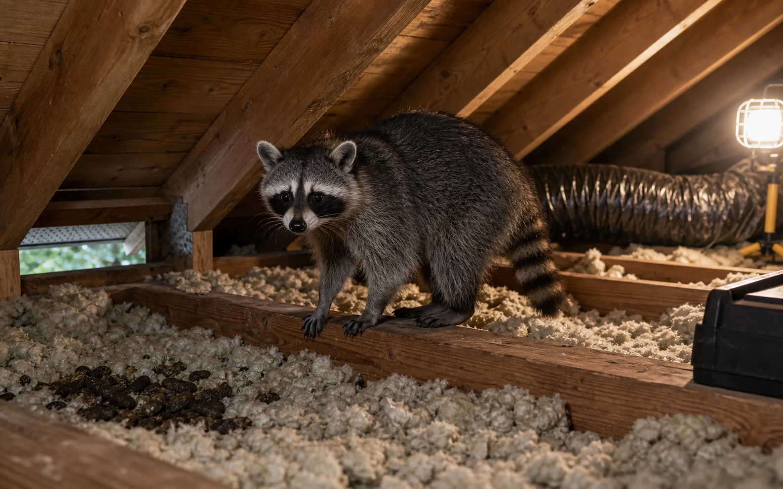 Raccoon standing on an attic joist near insulation