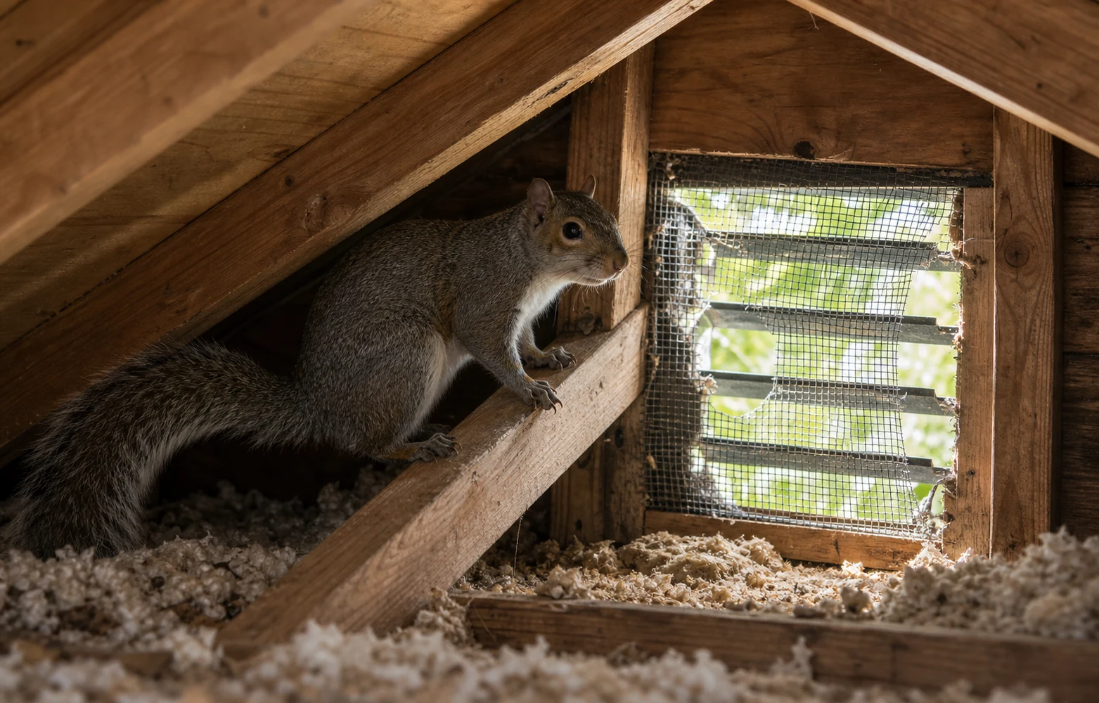 Gray squirrel near an attic gable vent