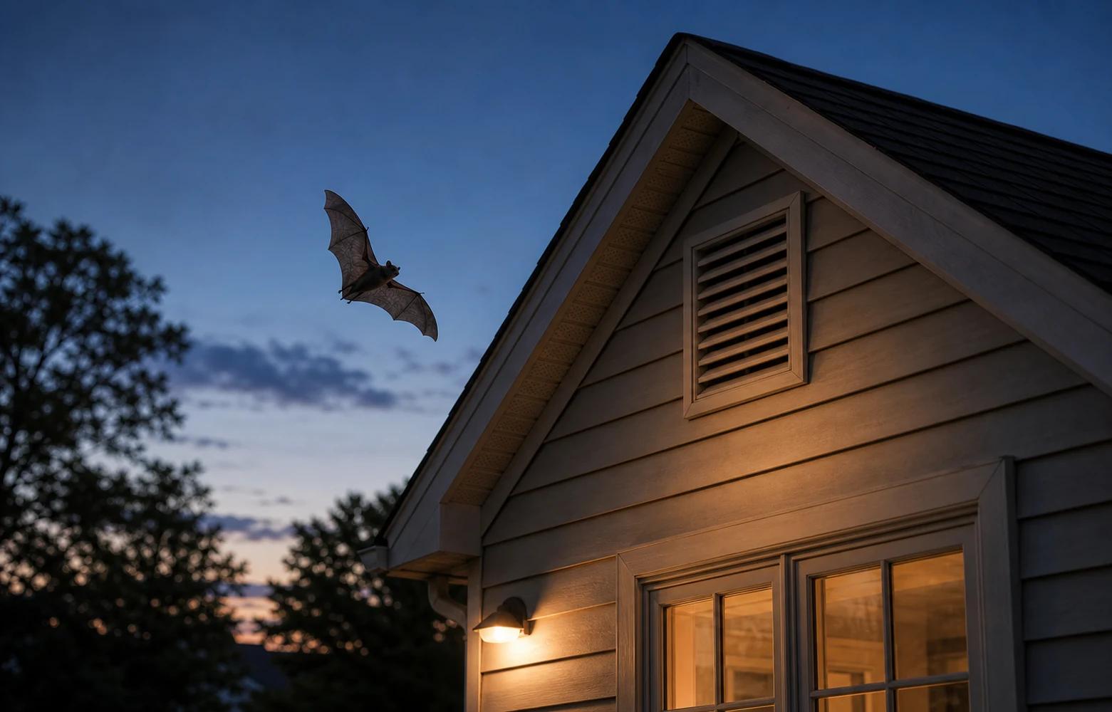 Bat flying near a residential gable vent at dusk