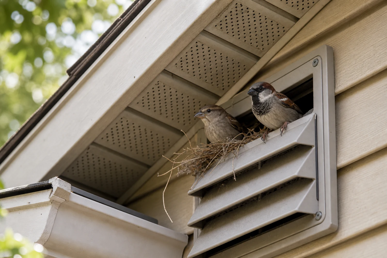 Small birds near an eave vent with nesting material