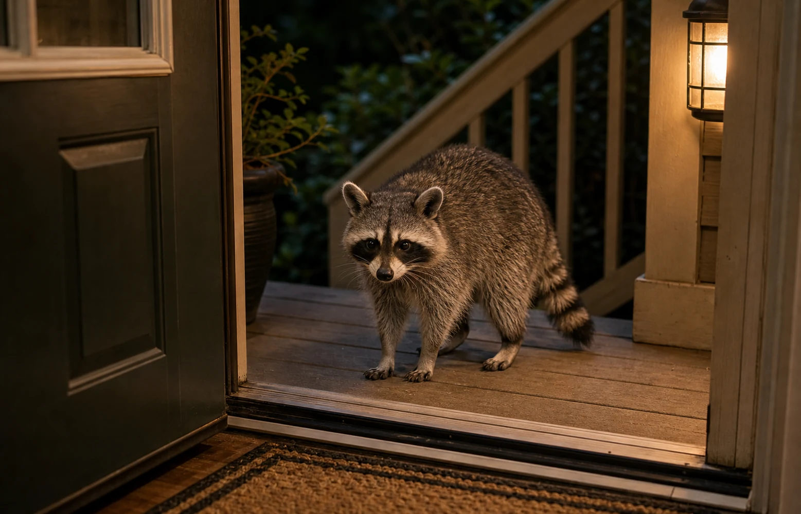 Raccoon outside a residential porch door threshold