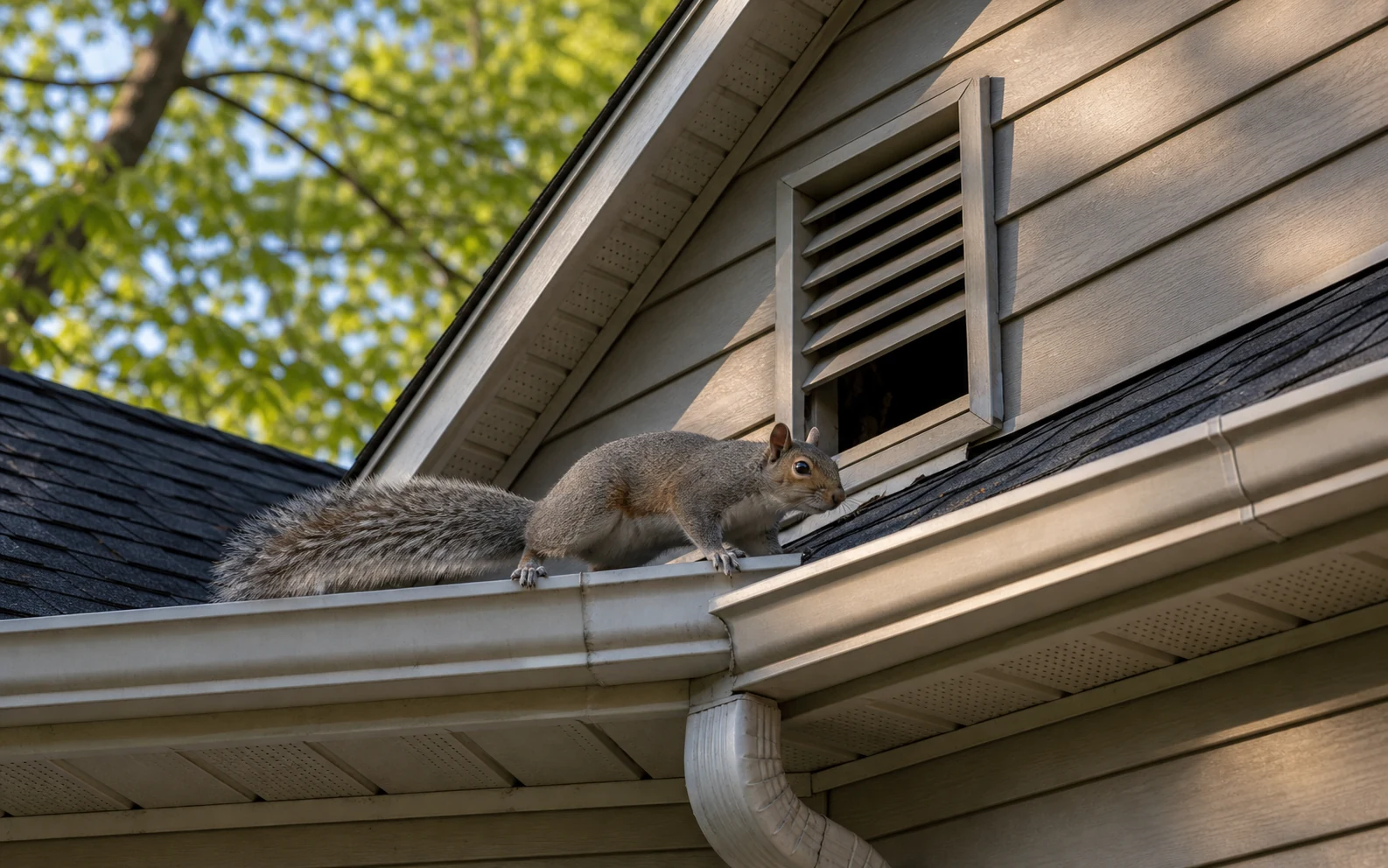 Squirrel moving along a roof edge near an attic vent