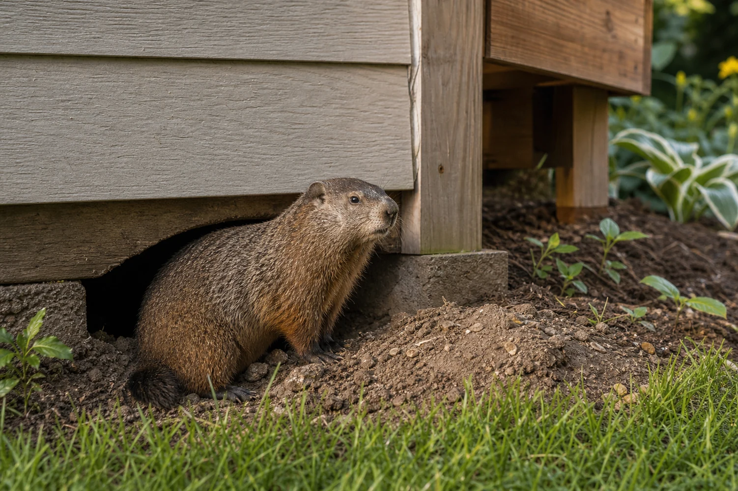 Groundhog standing beside a burrow under a deck edge