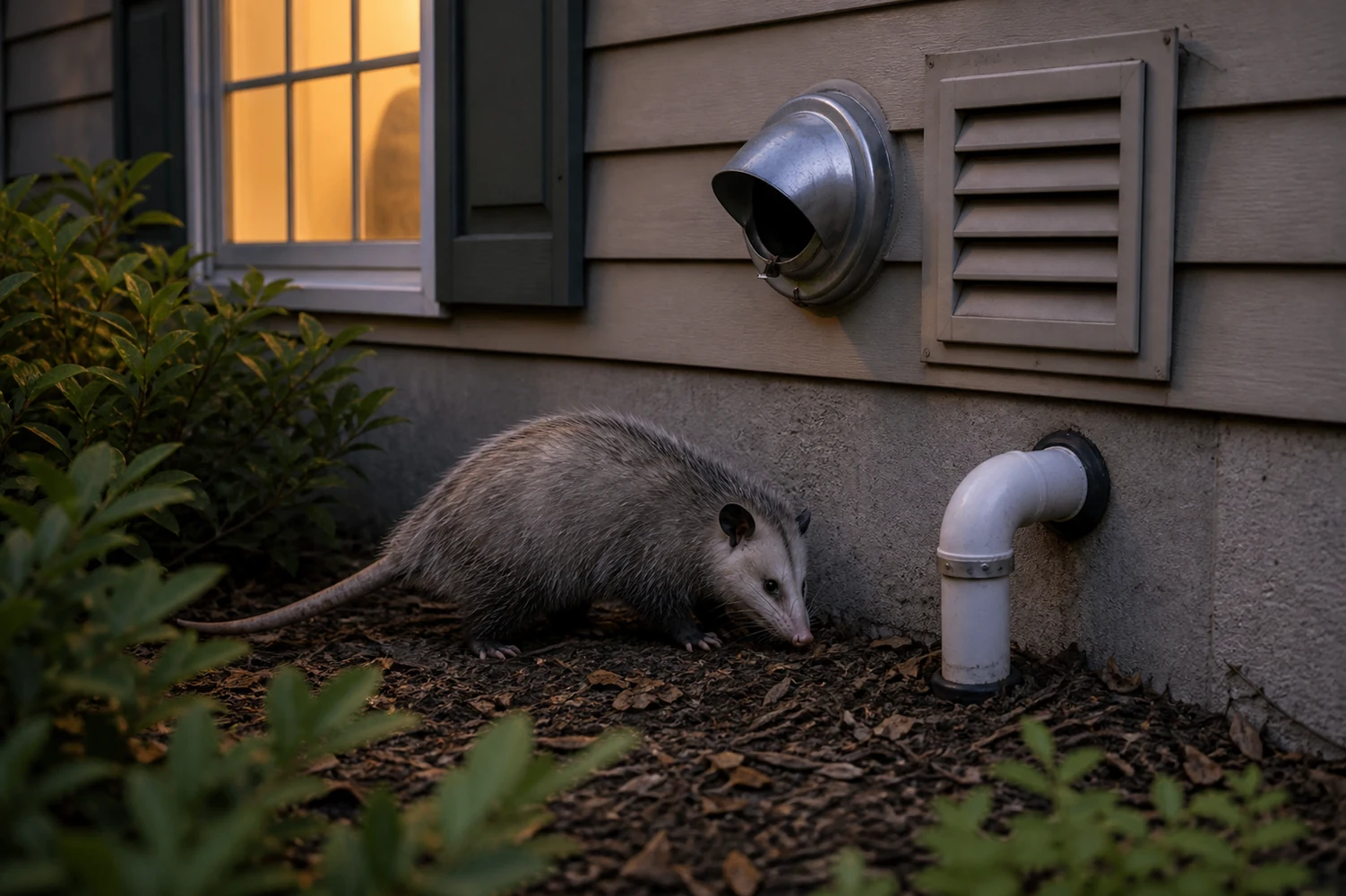 Opossum near an exterior utility vent and pipe penetration