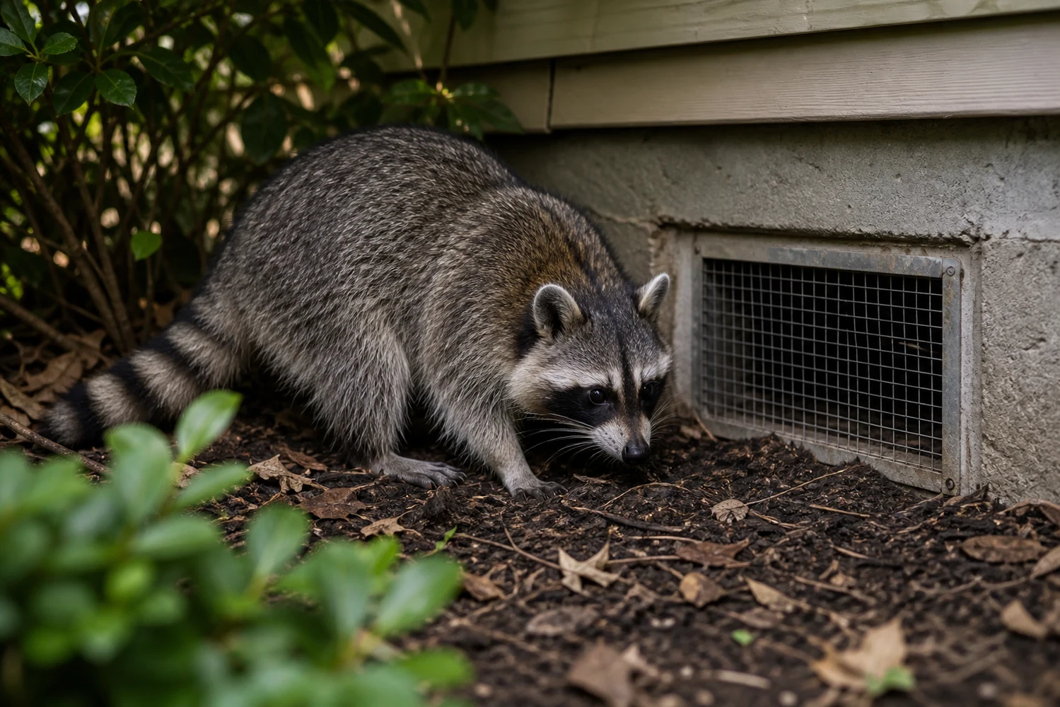 Raccoon near a crawlspace vent and foundation wall