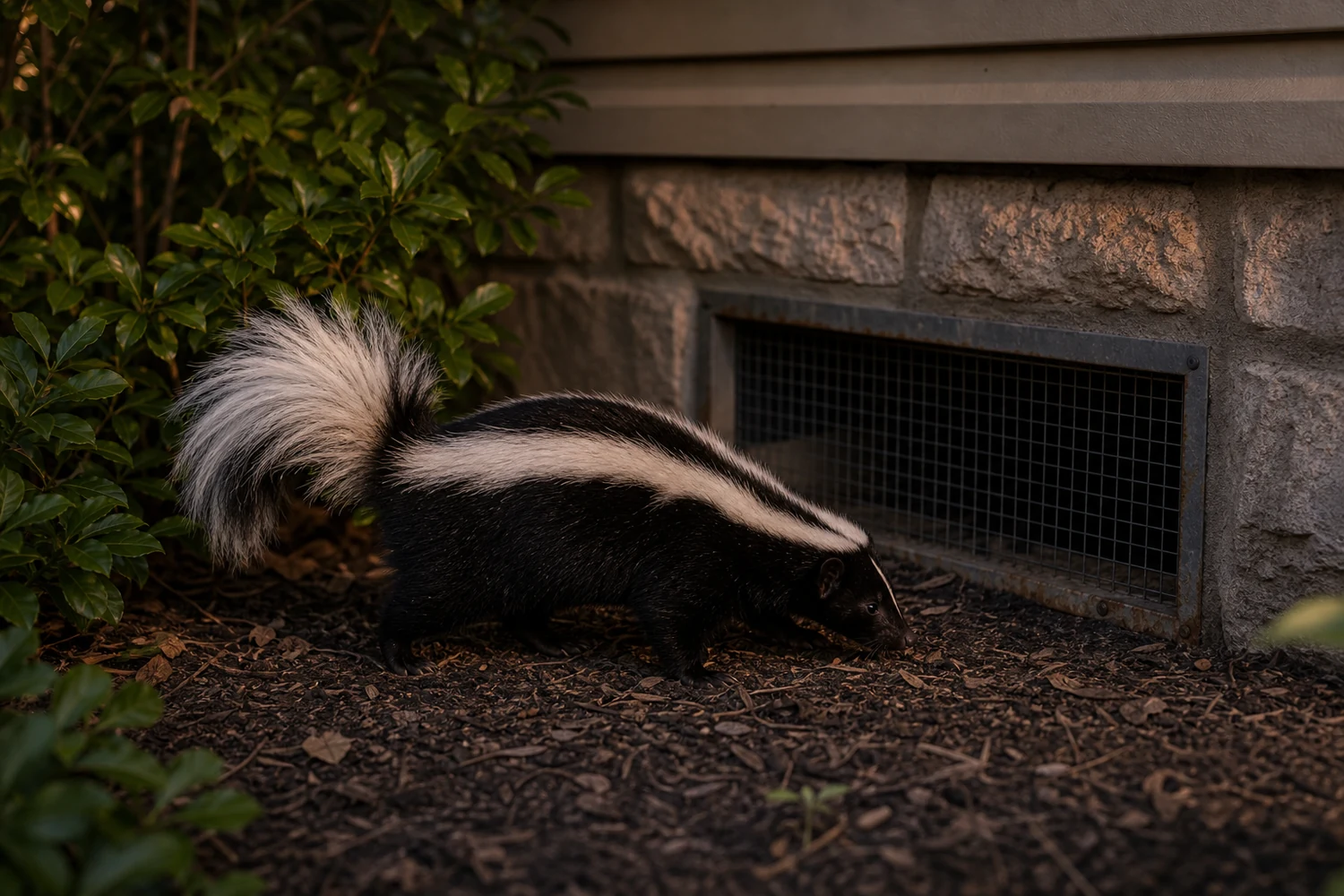 Skunk near a crawlspace vent and foundation gap