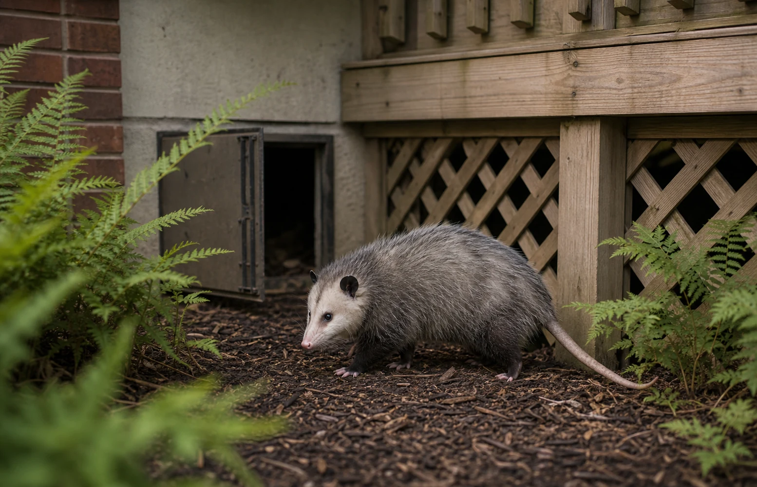 Opossum walking beside deck lattice and crawlspace access