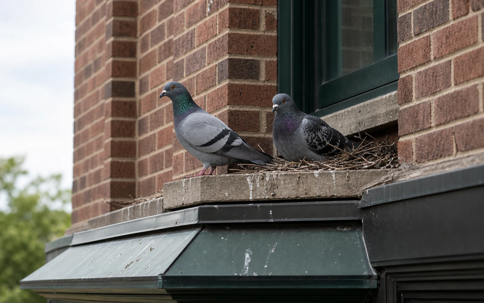 Pigeons perched on a building ledge with light nesting material