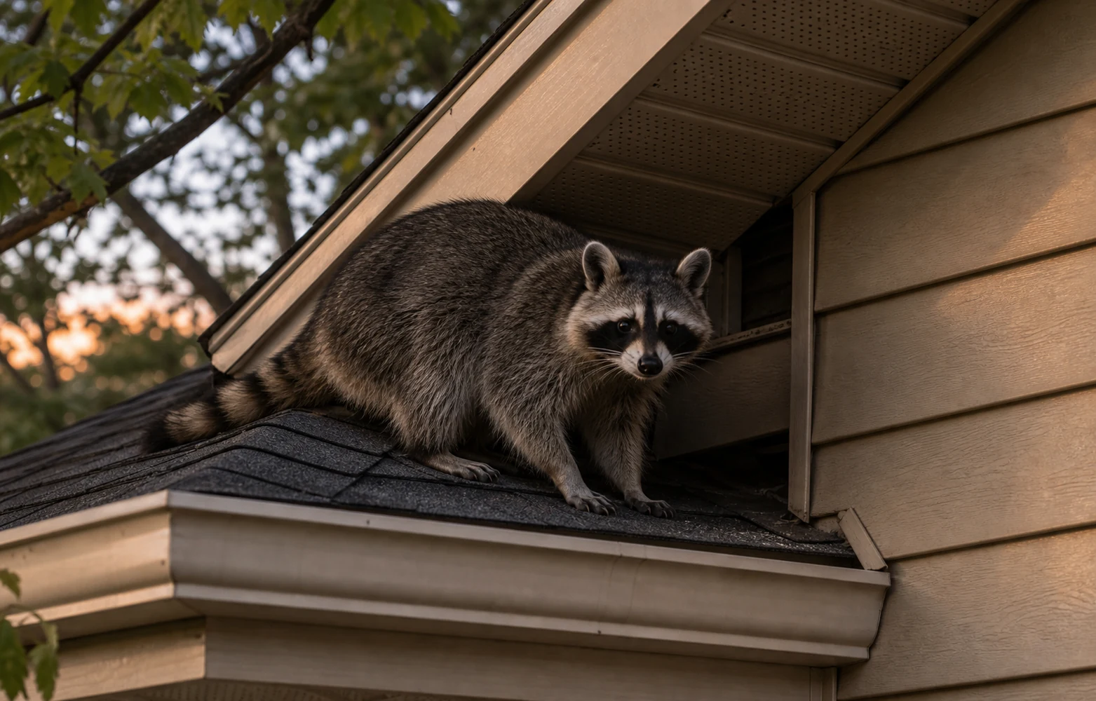 Raccoon near a residential soffit and roof return