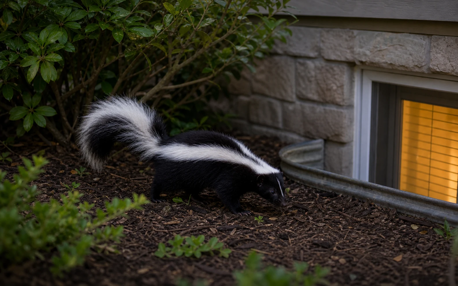 Skunk near residential foundation shrubs and a window well