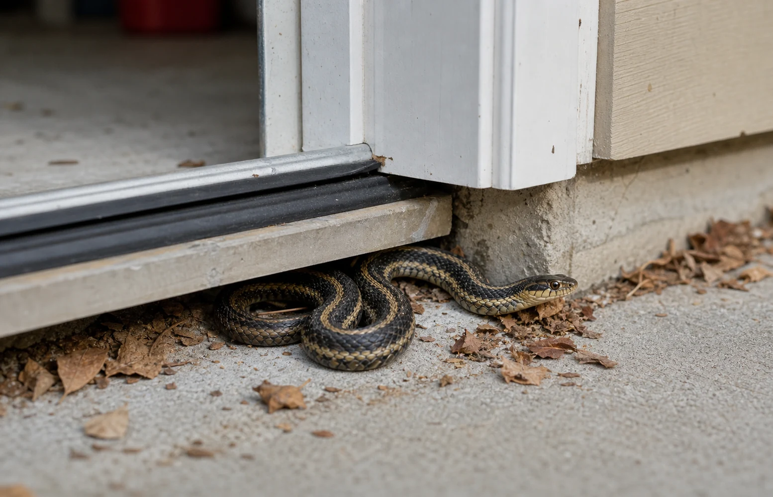 Snake near a garage threshold and foundation crack