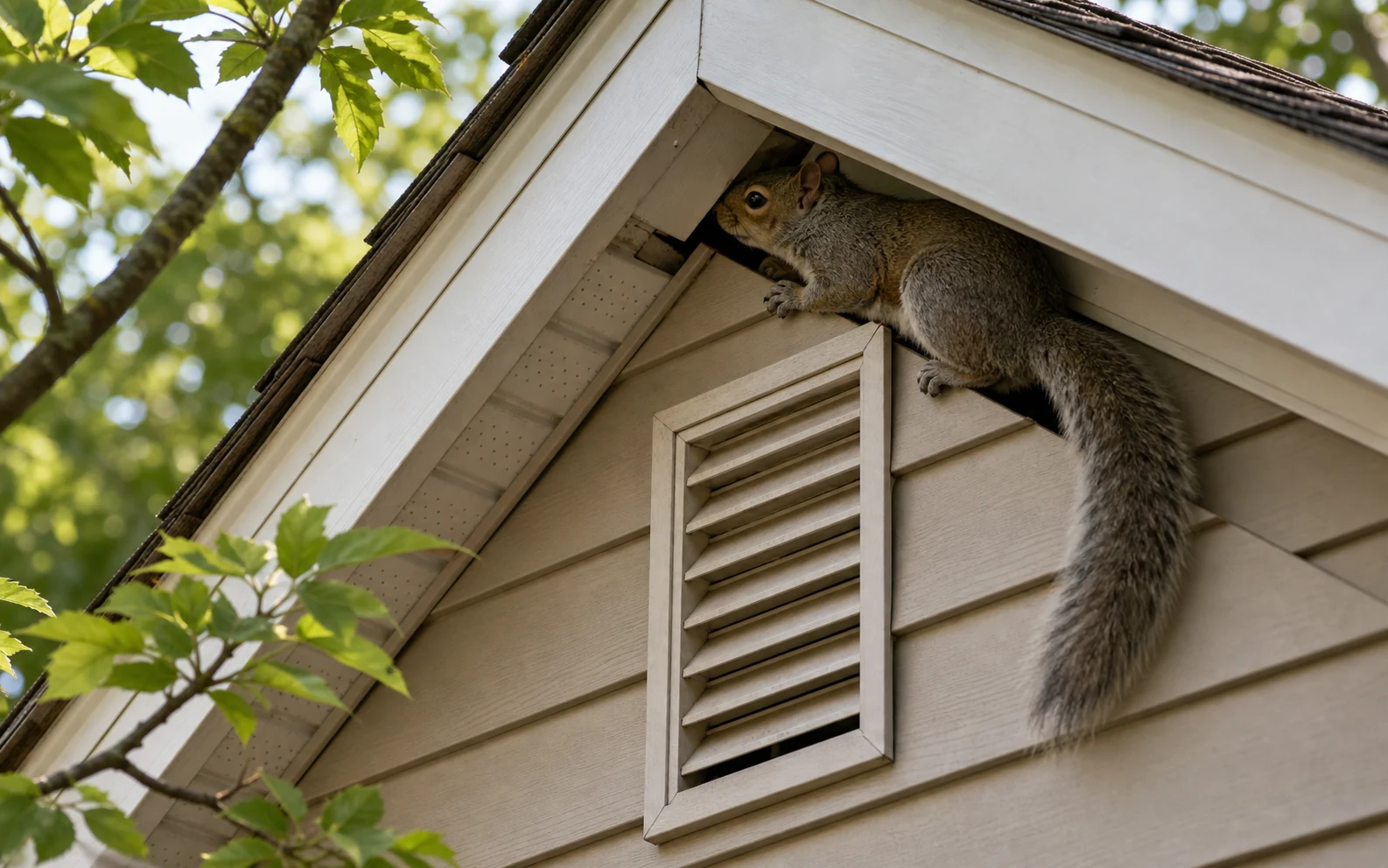 Gray squirrel near a gable vent opening