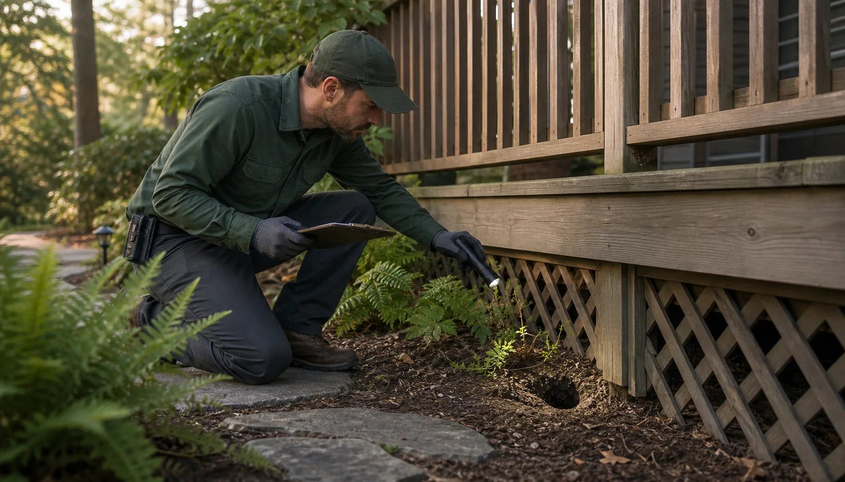Technician inspecting wildlife activity near a backyard deck