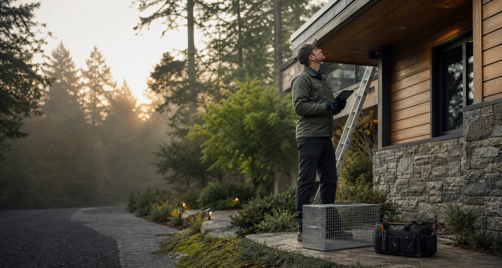 Wildlife removal technician inspecting a home exterior at dawn