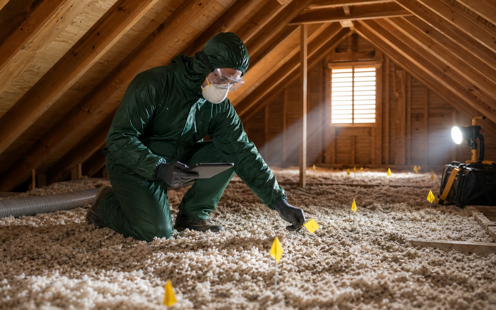 Technician assessing affected attic insulation after wildlife activity