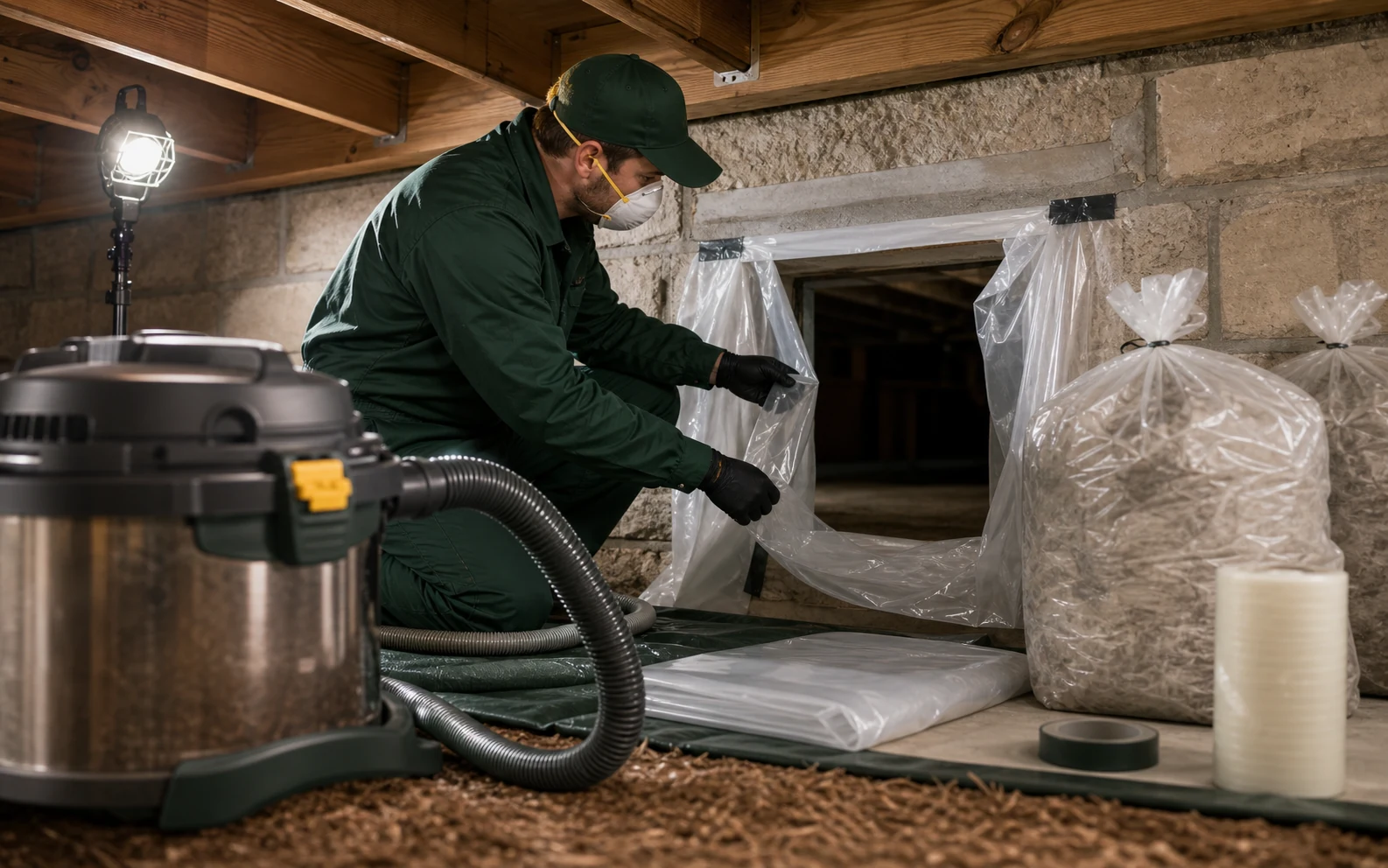 HEPA vacuum and containment setup near a crawlspace access area