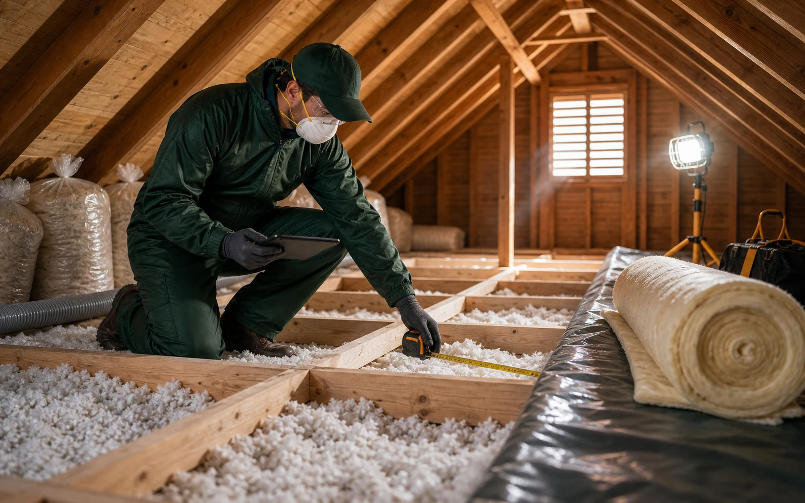 Technician measuring attic insulation bays during restoration planning