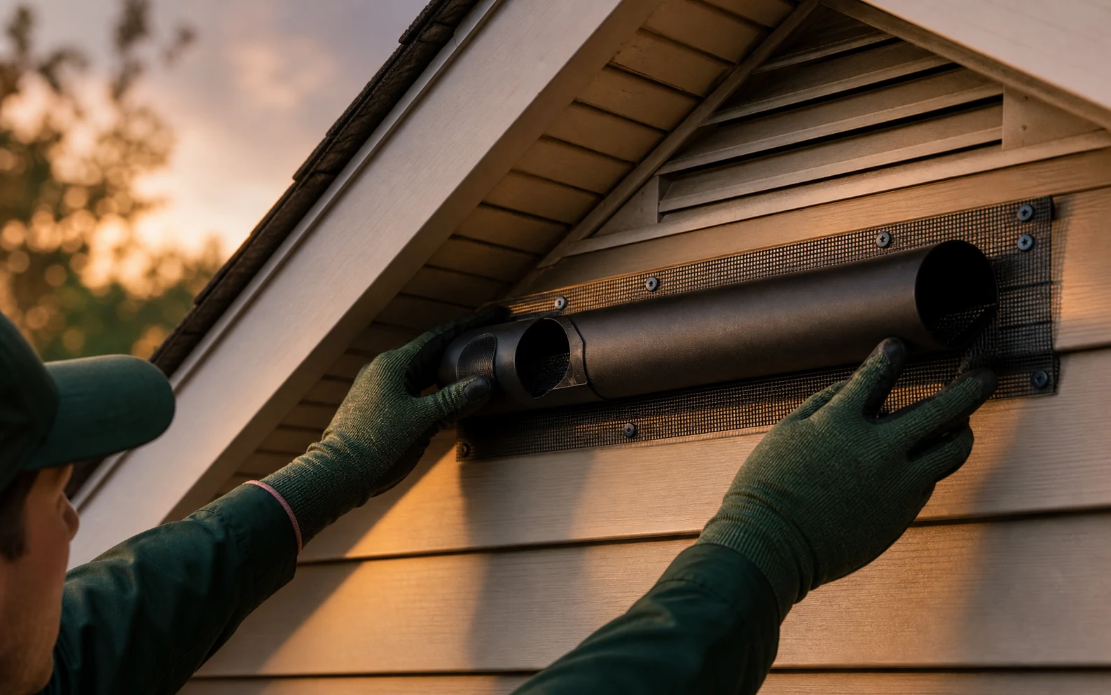 Bat one-way exclusion tube installed near a gable vent