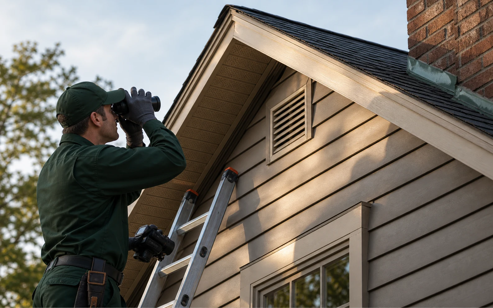 Technician inspecting roofline vents and eaves for bird and bat activity