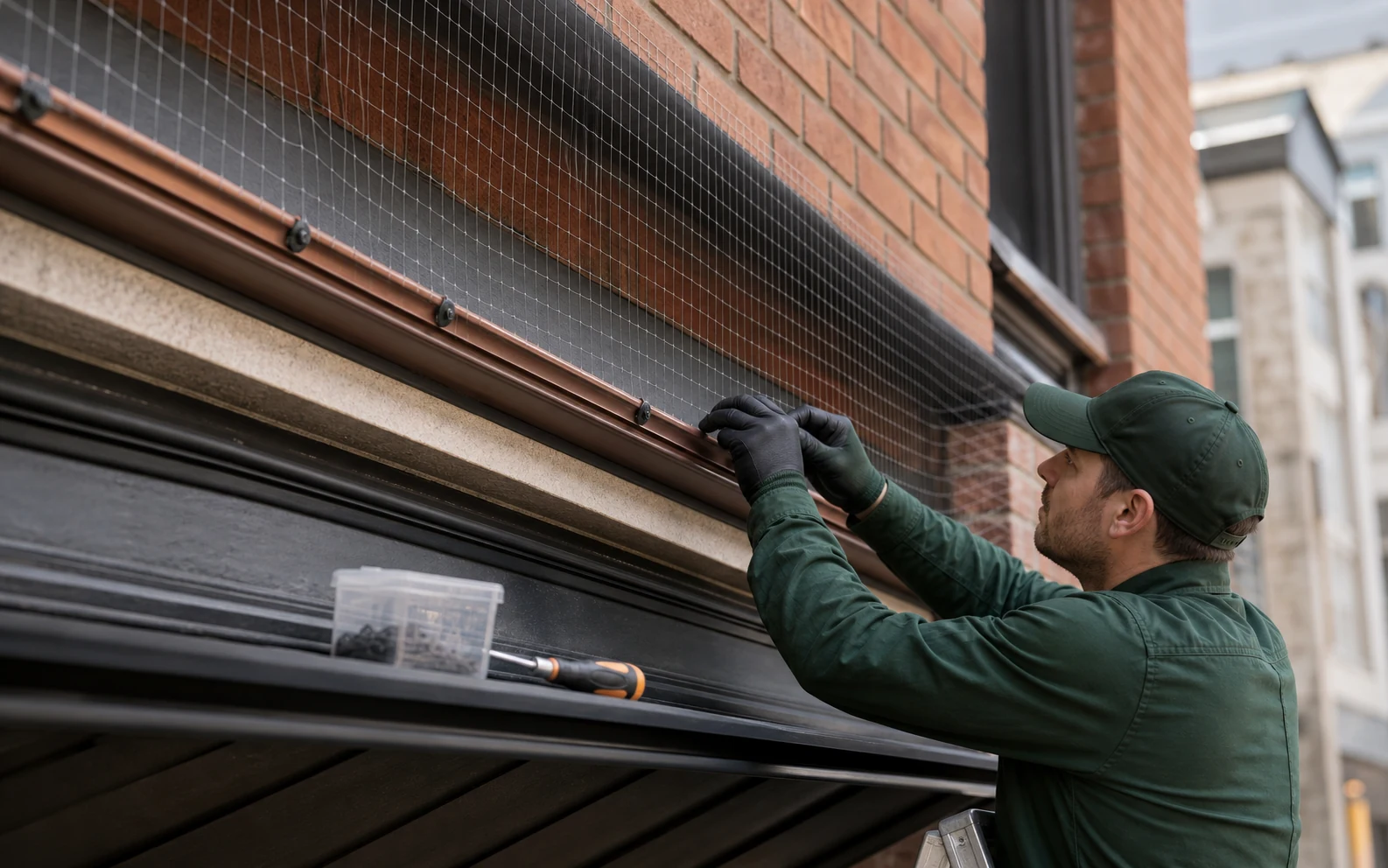 Technician installing discreet bird deterrent netting along a building ledge