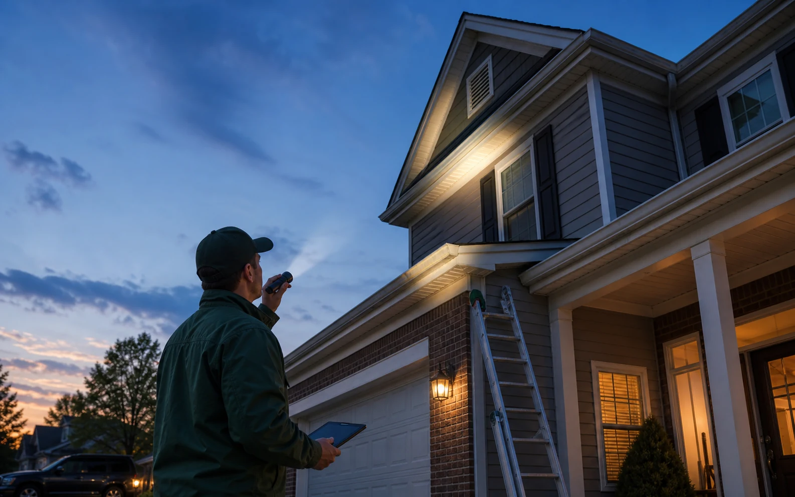Technician inspecting a roofline from ground level at dusk