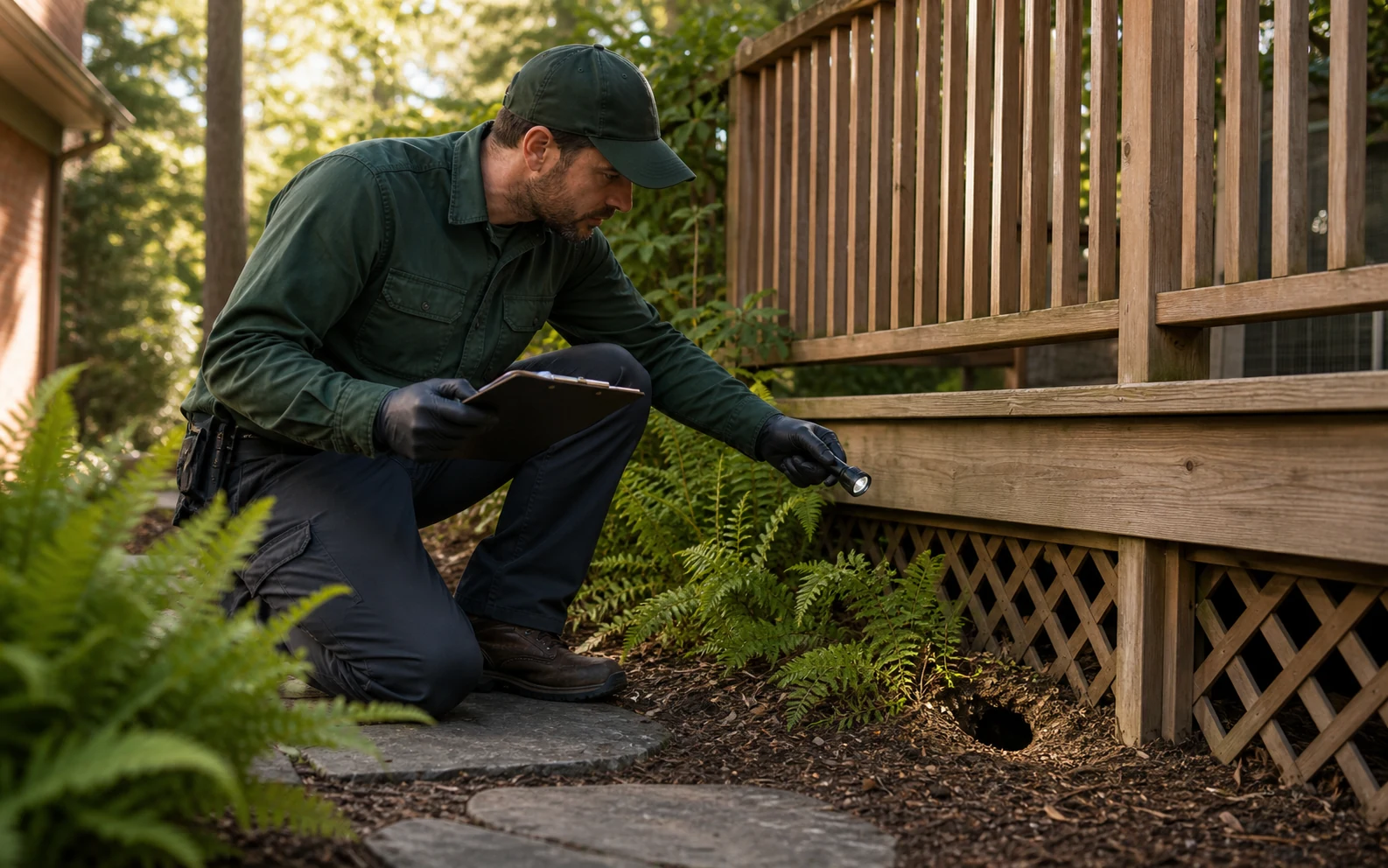Technician inspecting a deck burrow and wildlife entry clues
