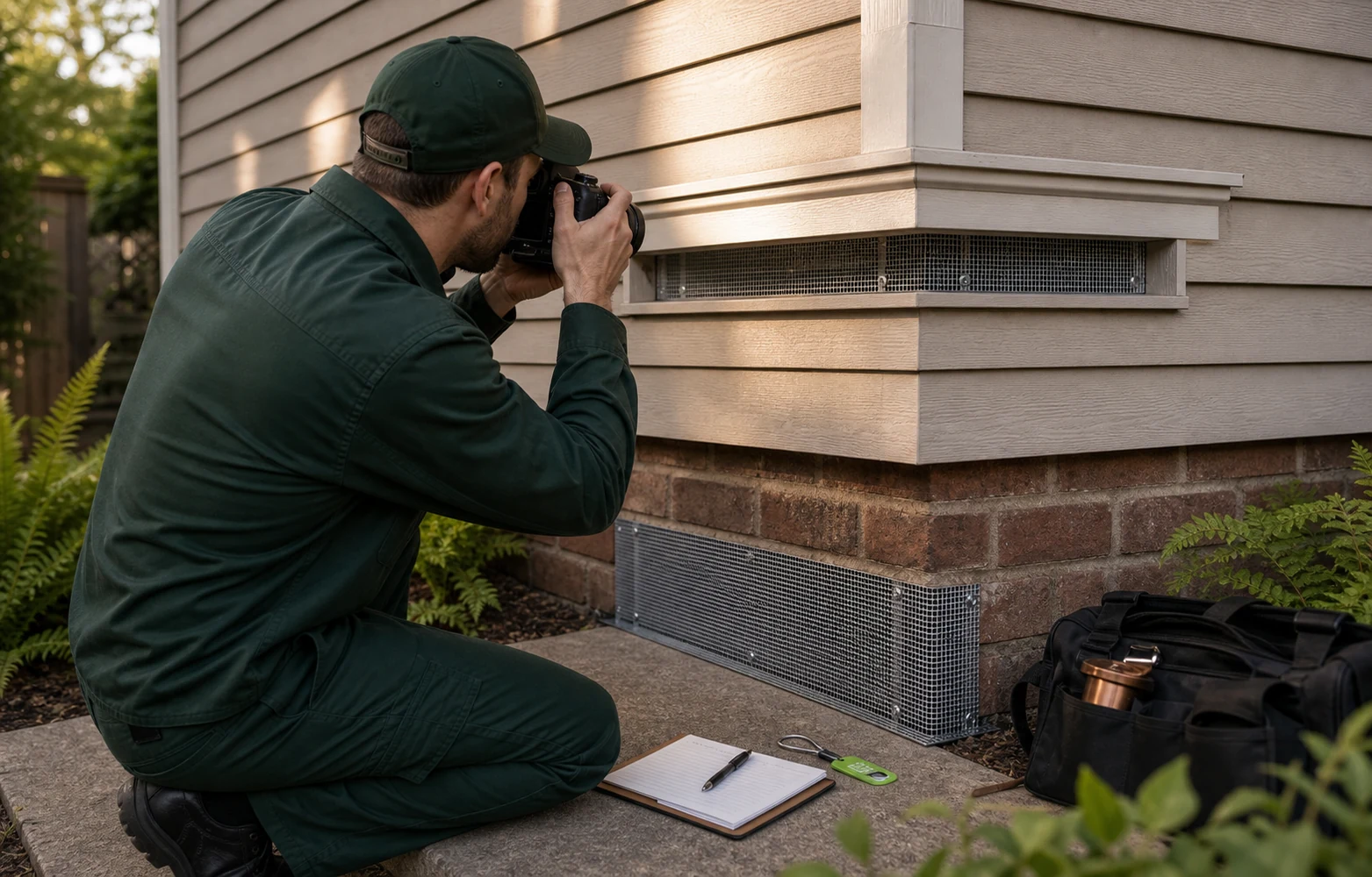 Technician documenting completed wildlife exclusion work near a foundation opening