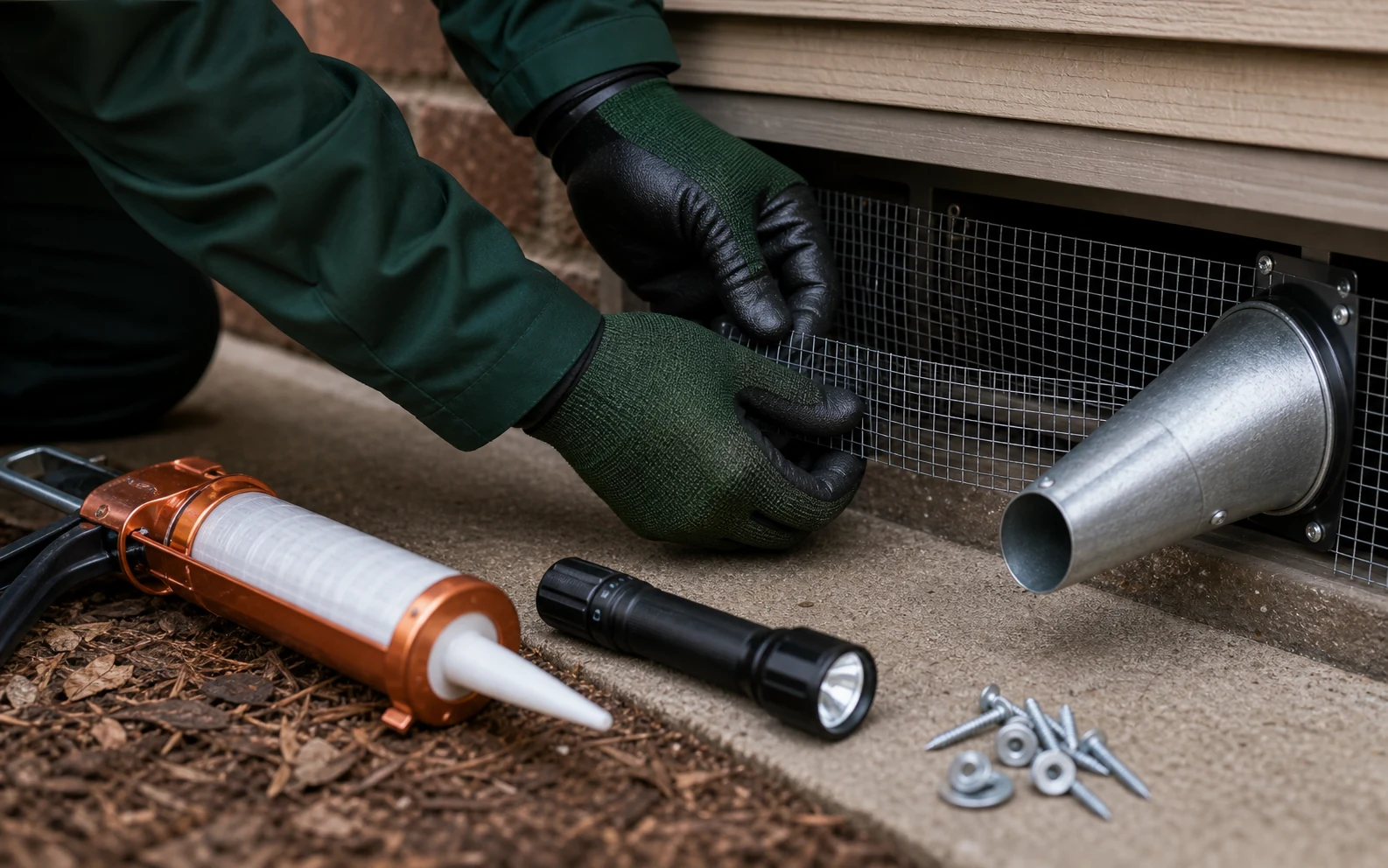 One-way wildlife exclusion device, mesh, gloves, and sealant tools