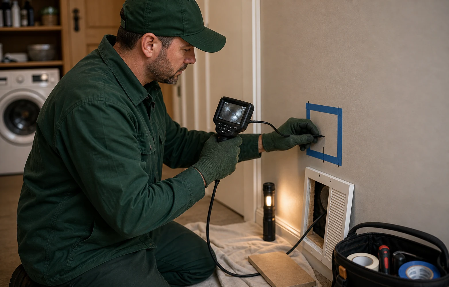 Technician planning a small wall access point with inspection tools for odor tracing