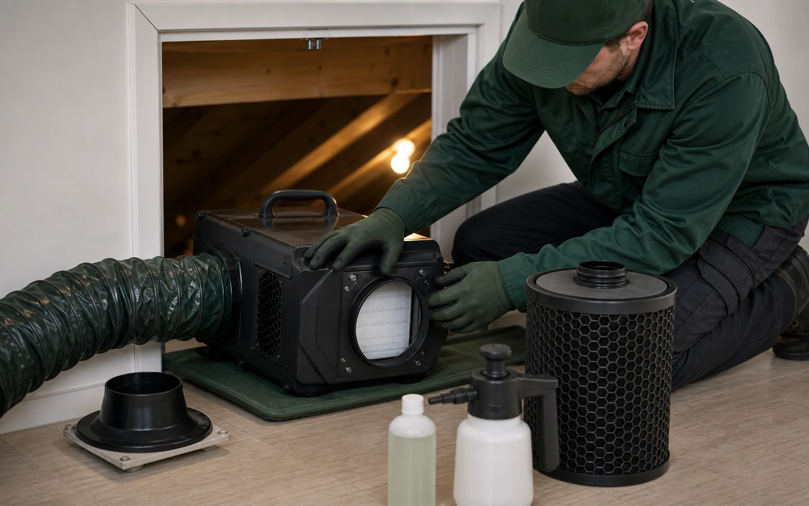 Air scrubber and odor neutralizing supplies staged for odor treatment