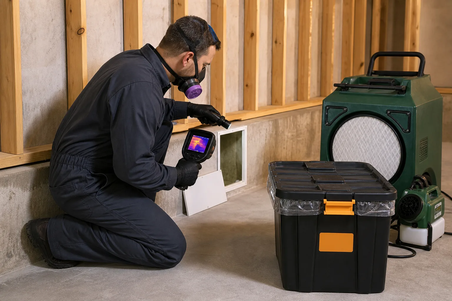 Technician using inspection equipment for odor source investigation