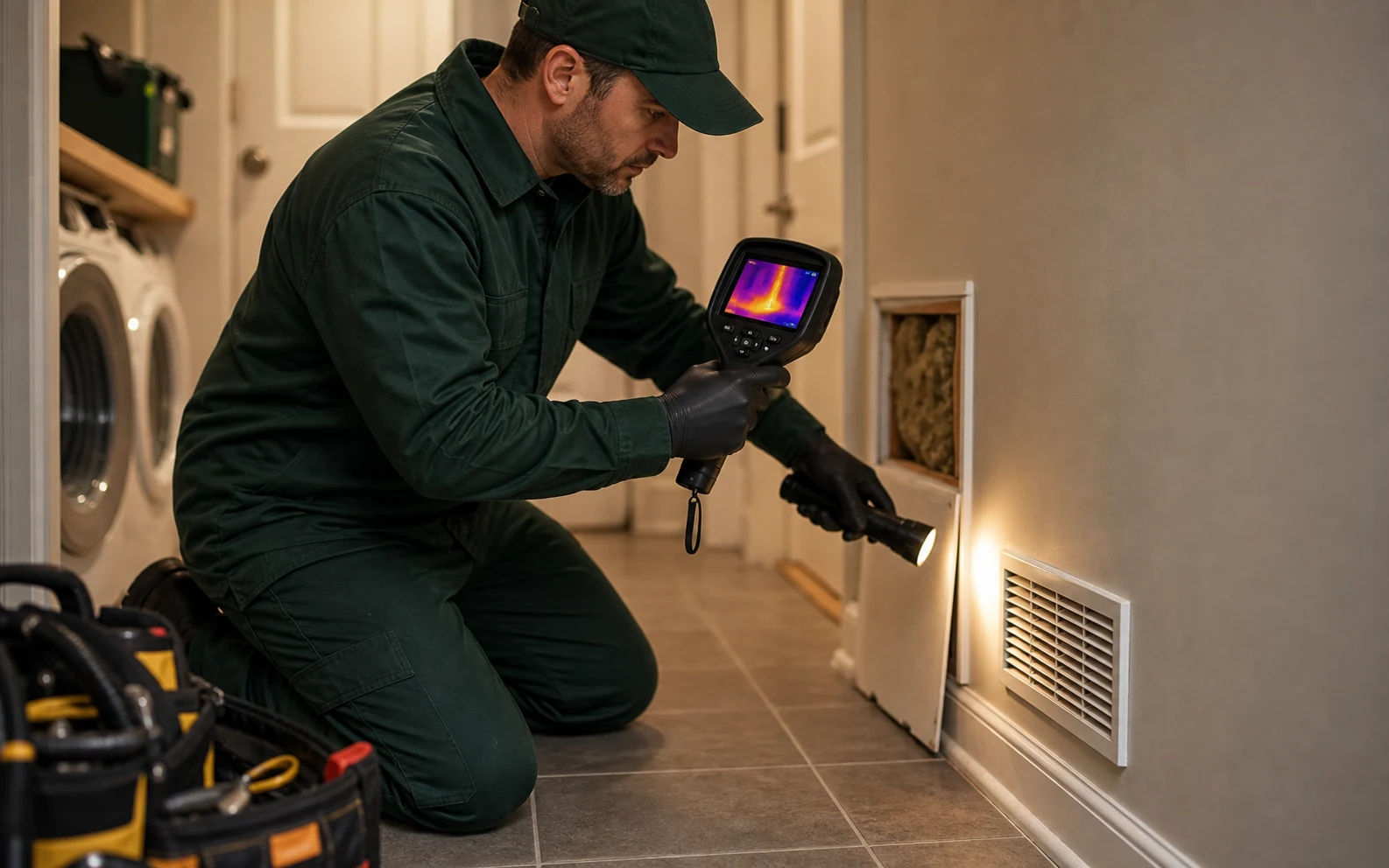 Technician using a thermal camera near a wall vent for odor source investigation